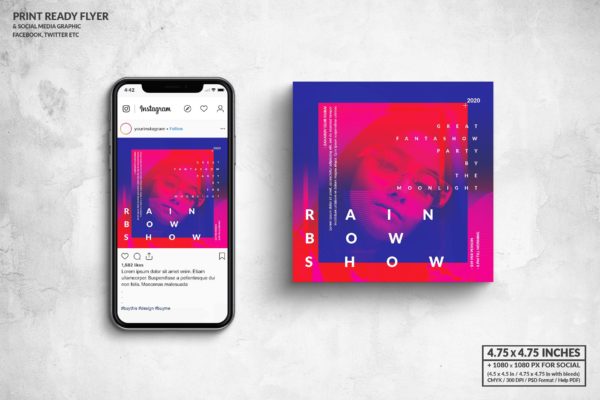 彩虹派对方形传单&amp;社交宣传图设计模板 Rainbow Party Square Flyer &amp; Social Media Post
