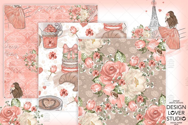 食物元素水彩花卉剪贴画设计套装 Paris je t’aime digital paper pack插图(3)