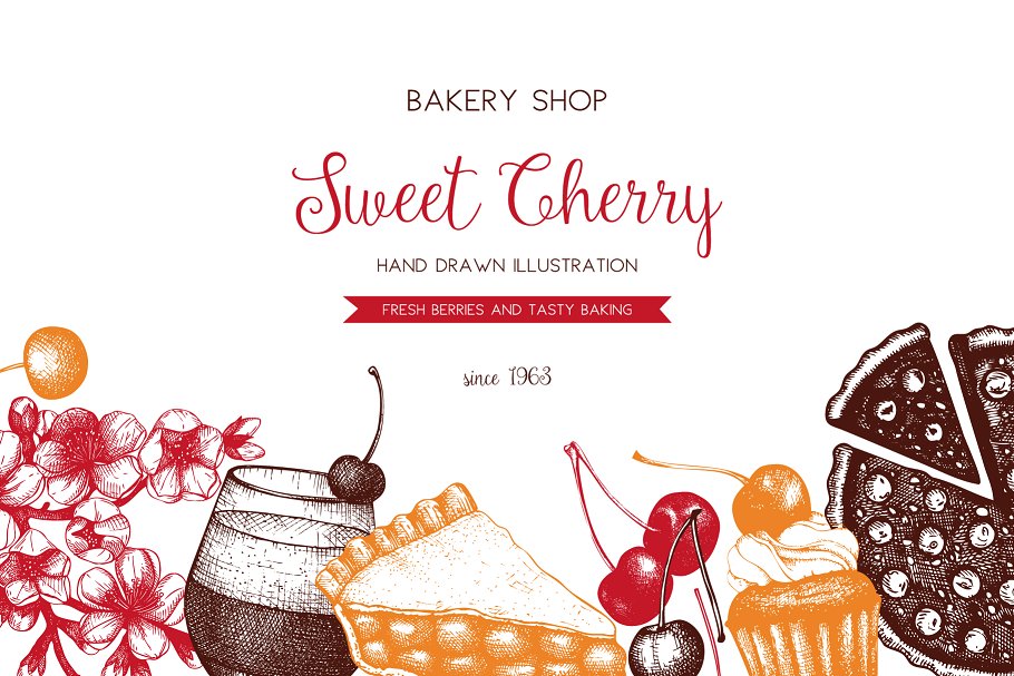 墨水手绘烘焙樱桃甜点矢量插图合集 Cherry Desserts & Baking Set插图