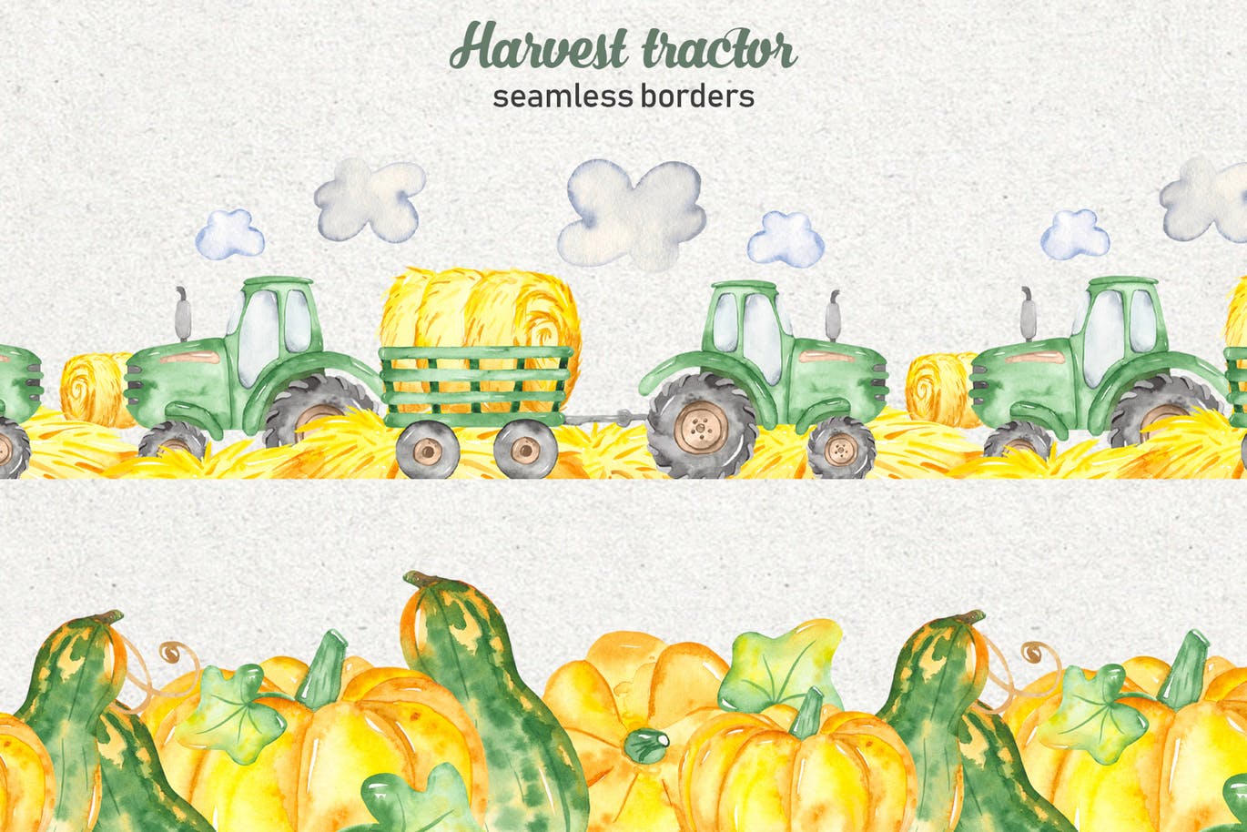 拖拉机农场收获季节主题水彩手绘剪贴画/卡片/无缝图案背景素材 Watercolor harvest tractor Clipart, cards, pattern插图(3)