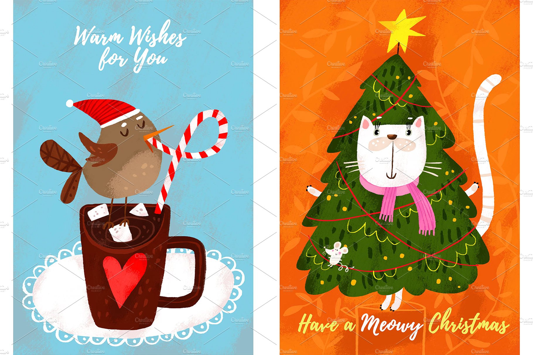 12张可爱手绘圣诞节明信片插图(3)