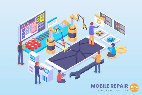 手机维修场景2.5D矢量等距概念插画 Isometric Mobile Phone Repair Vector Concept