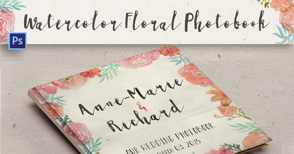 手绘水彩花卉婚礼相册/纪念册PSD模板 Watercolor Floral Photobook插图
