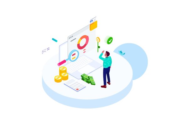 财务成本管理金融业务场景等距概念插画v2 Track Financial Costs Isometric Illustration – FV