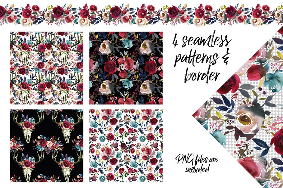 梅洛红&海军蓝水彩花卉设计素材包 Merlot & Navy Boho Floral Design Kit插图(9)