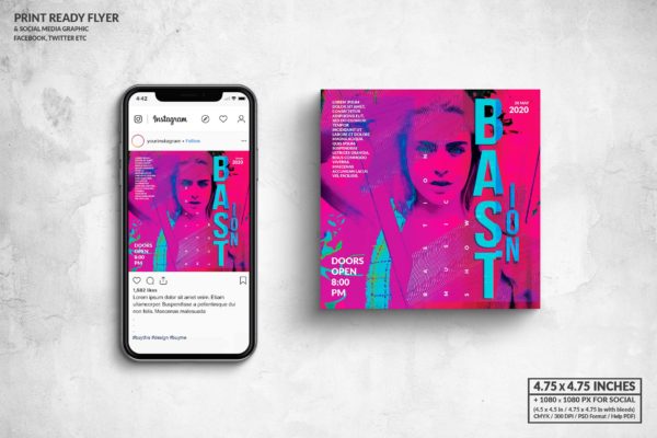流行音乐节/活动派对宣传单&amp;社交广告设计模板 Bastion Music Party Square Flyer &amp; Social Media