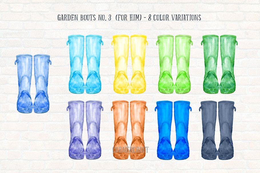 水彩胶靴长筒雨靴剪贴画 Watercolor Rubber Boots, Wellies插图(3)