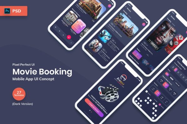 电影网上选座预订APP应用UI设计套件PSD模板 Ocodile-Movie Booking Mobile App UI Kit Dark