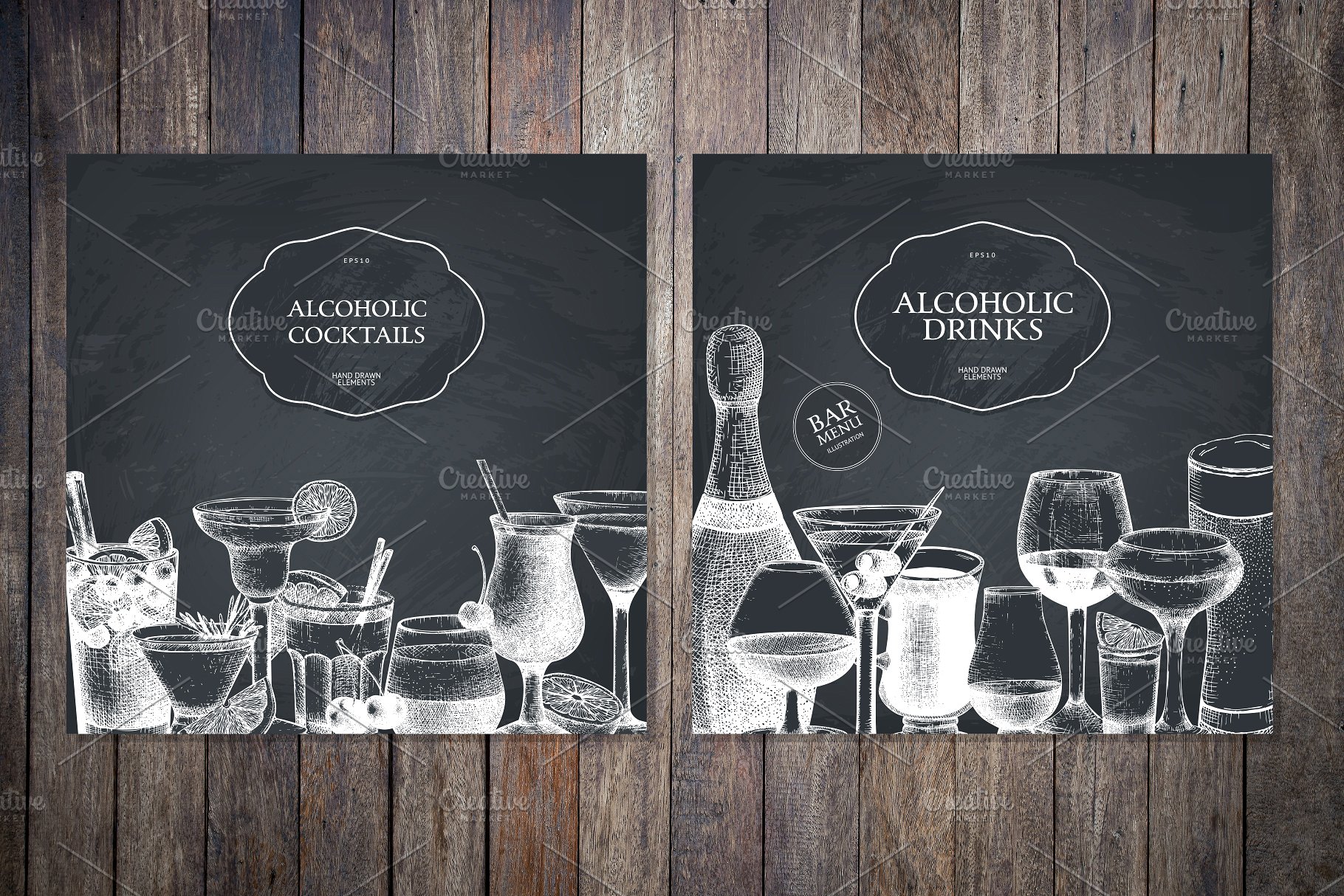 复古手绘酒吧冷饮黑板粉笔画 Vector Bar Menu On Chalkboard插图(1)