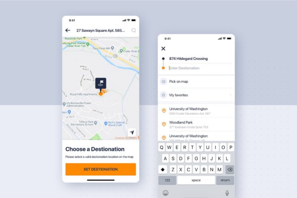 类滴滴打车APP应用地图目的地界面设计模板 Car rental mobile UI Kit – Destination on map