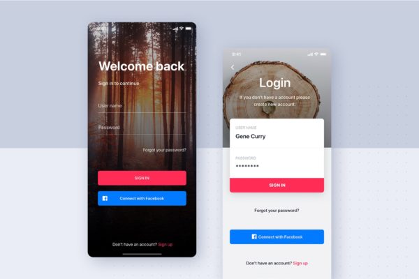 APP应用用户登录界面表单设计素材库精选模板 Sign In – Sign Up Mobile Interface Template