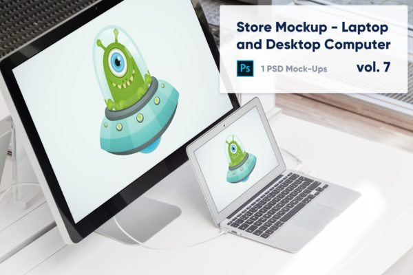 零售店展柜笔记本&amp;一体机电脑屏幕预览素材库精选样机v7 Laptop and Desktop Computer Mockup in the Store