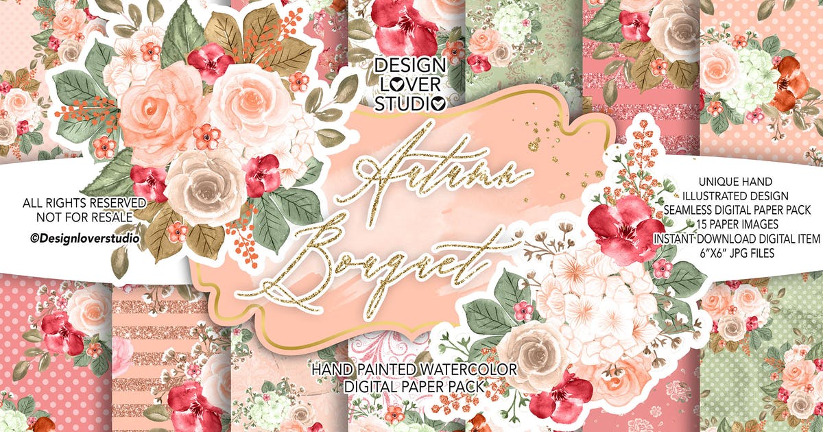 秋季主题水彩花卉无缝图案纹样设计素材合集 Autumn Bouquet digital paper pack插图