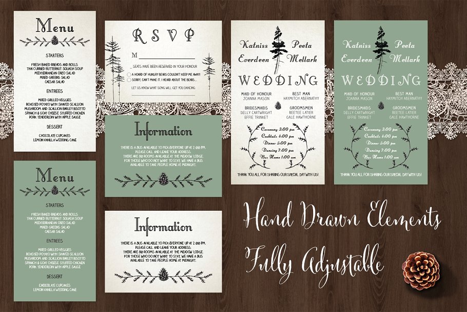 复古简约风松树图案装饰婚礼邀请函设计套装 Pine Tree Wedding Invitation Suite插图(2)