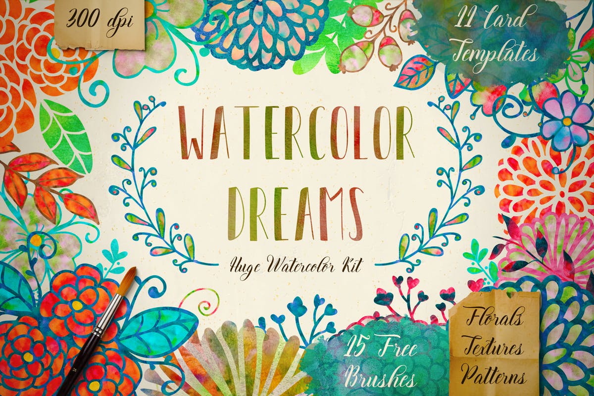 梦幻水彩设计套装 Watercolor Kit + Free Brushes插图