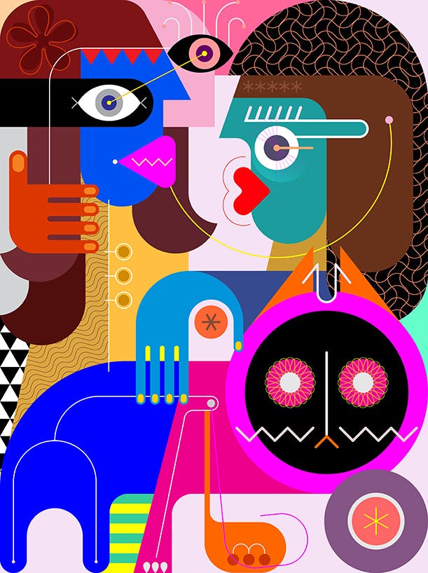 女人与猫抽象矢量插画设计素材 Woman stroking a cat插图(1)