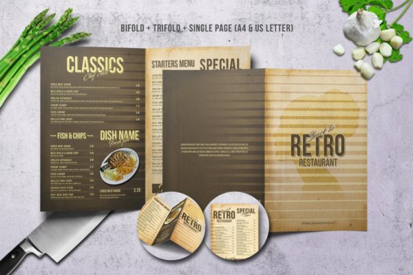 80年代复古西餐菜单PSD模板 80s Retro Menu Bundle US Letter &amp; A4