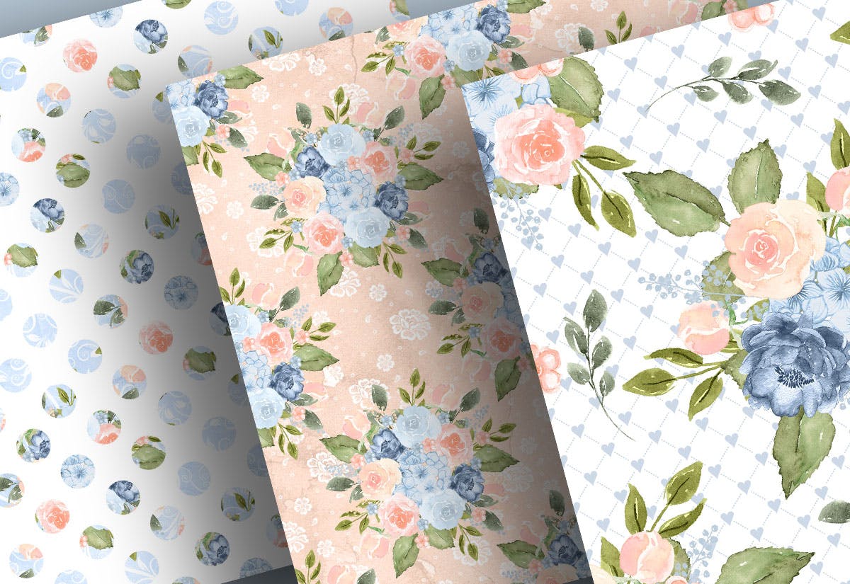 蓝色桃色水彩手绘图案数码纸张设计素材 Watercolor Blue Peach digital paper pack插图(3)
