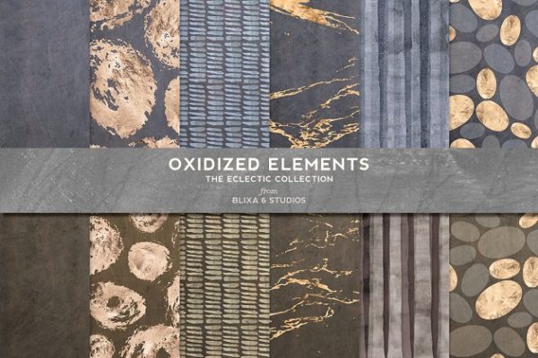 玫瑰金大理石，卵石和手绘水彩画笔触图案纹理 Oxidized Elements Gold &amp; Watercolor