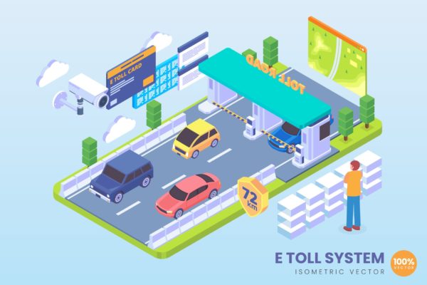 收费系统技术等距矢量素材库精选科技概念插画 Isometric E Toll System Technology Vector Concept