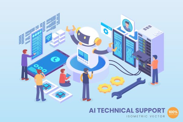 人工智能技术支持主题等距矢量概念插画 Isometric Artificial Intelligence Tech Support