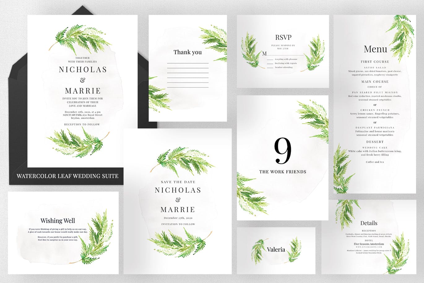 水彩叶子手绘图案婚礼邀请设计套件 Watercolor Leaf Wedding Suite插图(1)