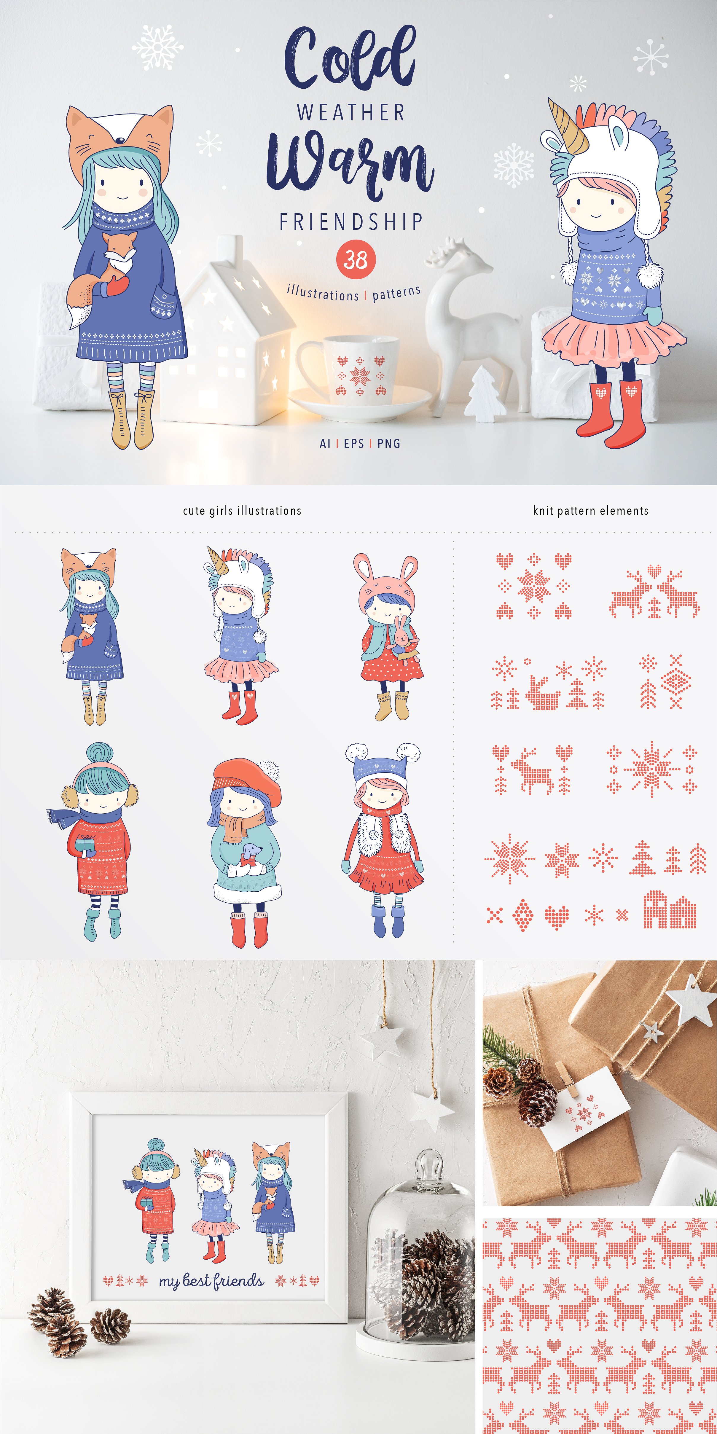 可爱的卡通冬装女孩手绘插画 Cold weather, Warm friendship插图