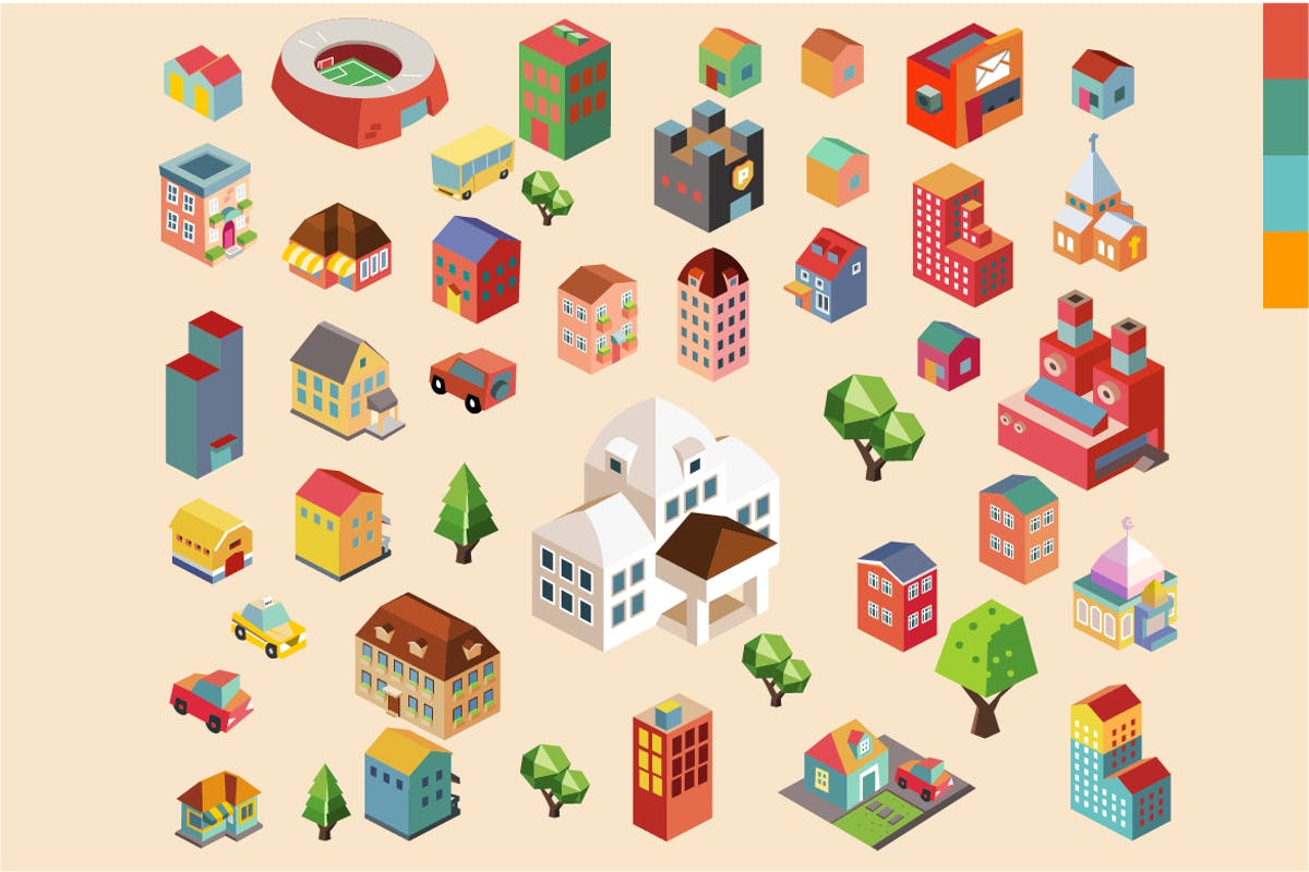 多彩等距城市场景矢量插画v2 Colorful vector isometric city插图