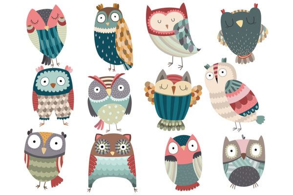手绘可爱猫头鹰矢量插画合集 Cute Owl Set Vector &amp; PNG Pack