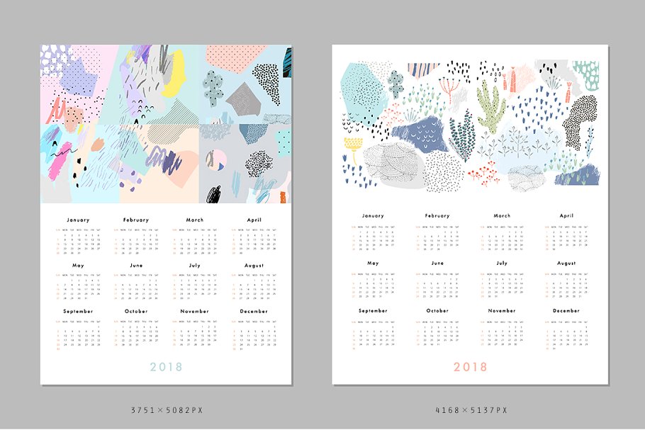 彩色涂鸦印象派日历年历模板 2018 CALENDARS set插图(6)