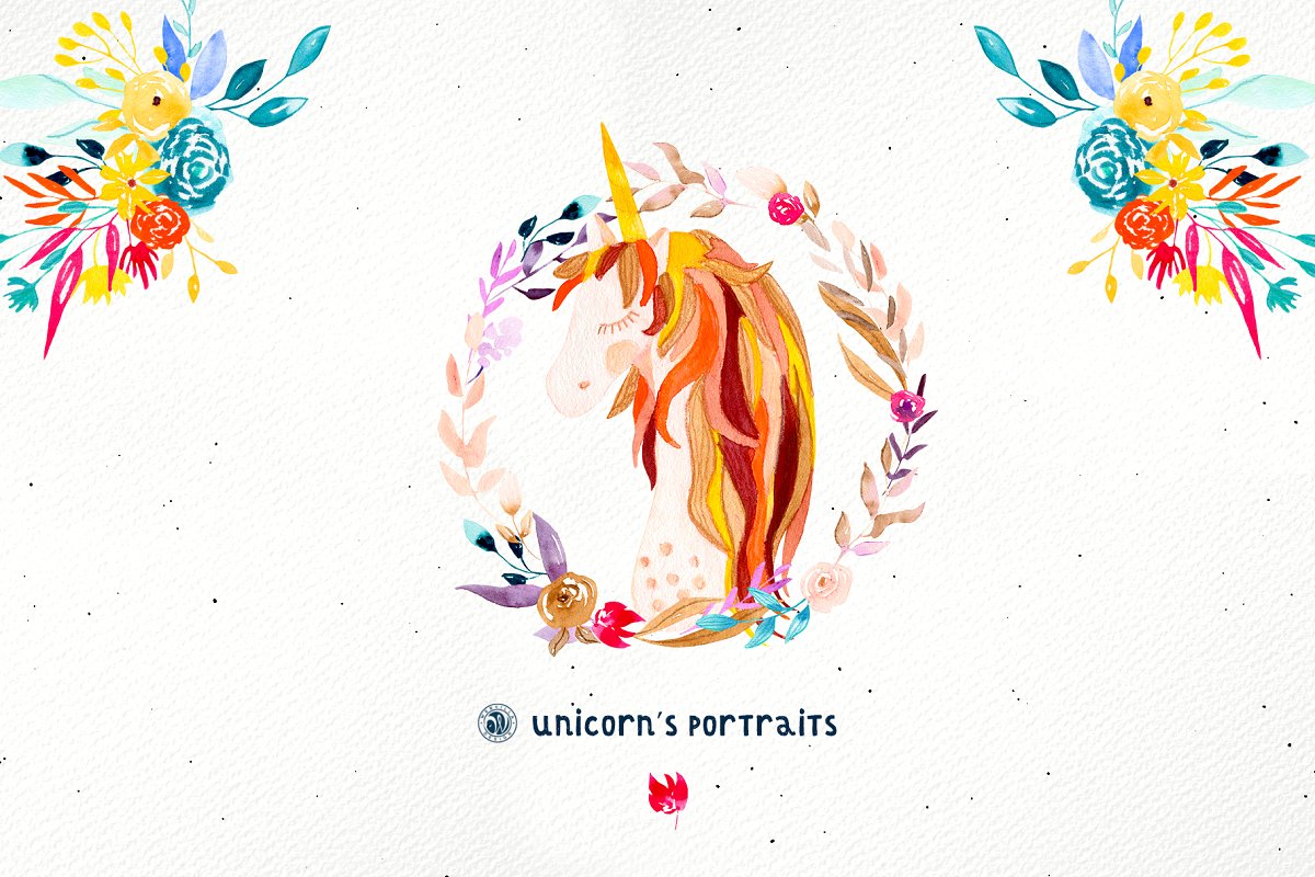 独角兽的肖像鲜花水彩插画插图(6)