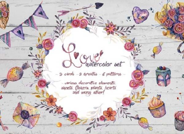 “爱”系列特色复古水彩画素材