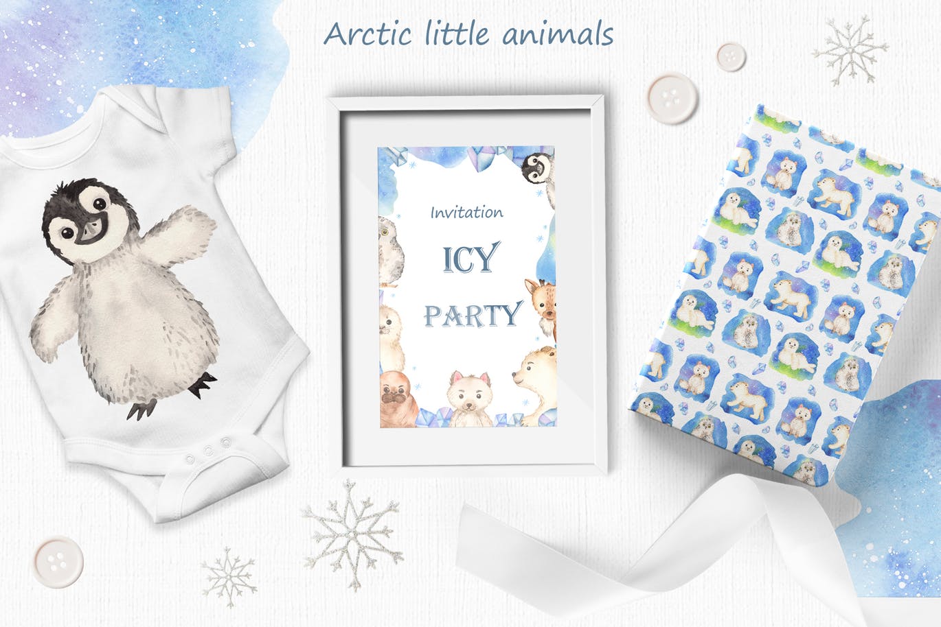 北极小动物水彩手绘剪贴画&卡片素材 Watercolor Arctic little animals Clipart cards插图(8)