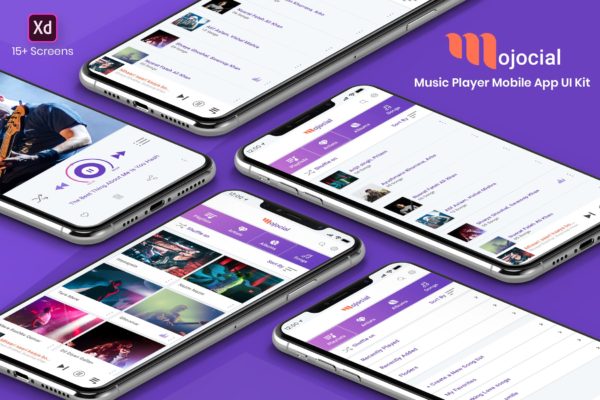 在线听歌APP应用UI界面设计XD模板 Mojocial-Music Player Mobile App UI Kit-(Adobe XD)