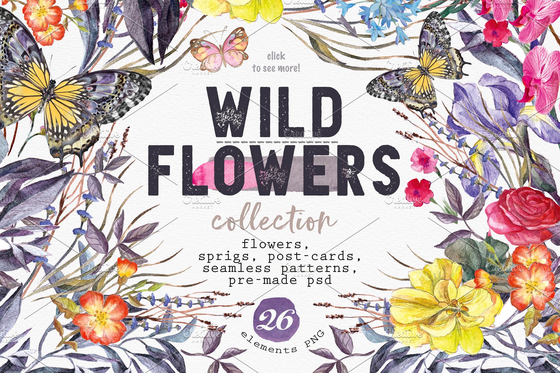 极力推荐:水彩设计素材合集(花草/花环/花束/树叶元素,明信片模板&无缝图案) Wildflowers vol.3插图(2)