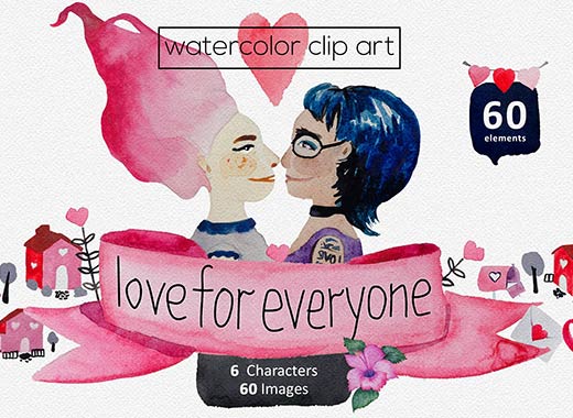情人节主题的水彩插图素材合辑下载[png,psd]