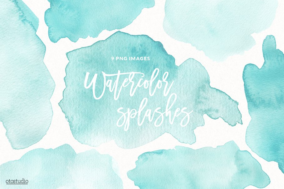 手绘薄荷色调水彩泼墨设计元素 Mint Watercolor Splashes & Textures插图