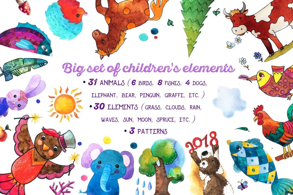 一大波儿童水彩手绘无缝背景素材下载[psd,png,jpg]插图