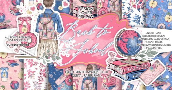 开学季校园主题水彩无缝背景图案素材合集 Back to School digital paper pack