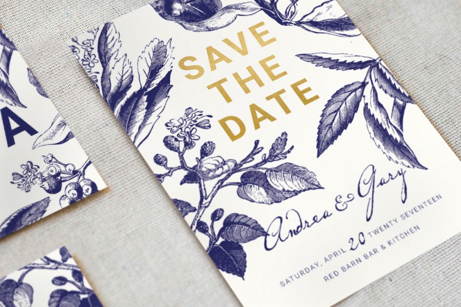 金色&海军蓝手绘图案插画婚礼邀请函设计模板 Gold & Navy Wedding Invitation Suite插图(3)