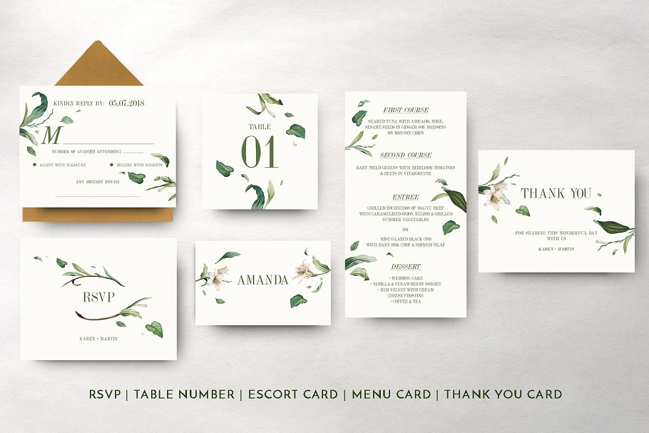 绿色婚礼邀请函设计模板 Green Foliage Wedding Suite插图(4)