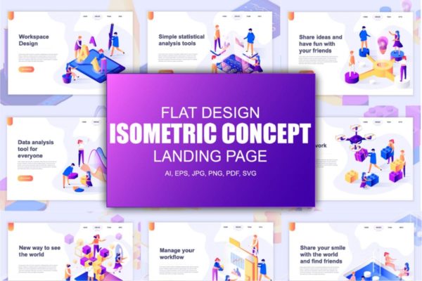 扁平设计风着陆页等距概念插画 Landing Page Templates Isometric Concept