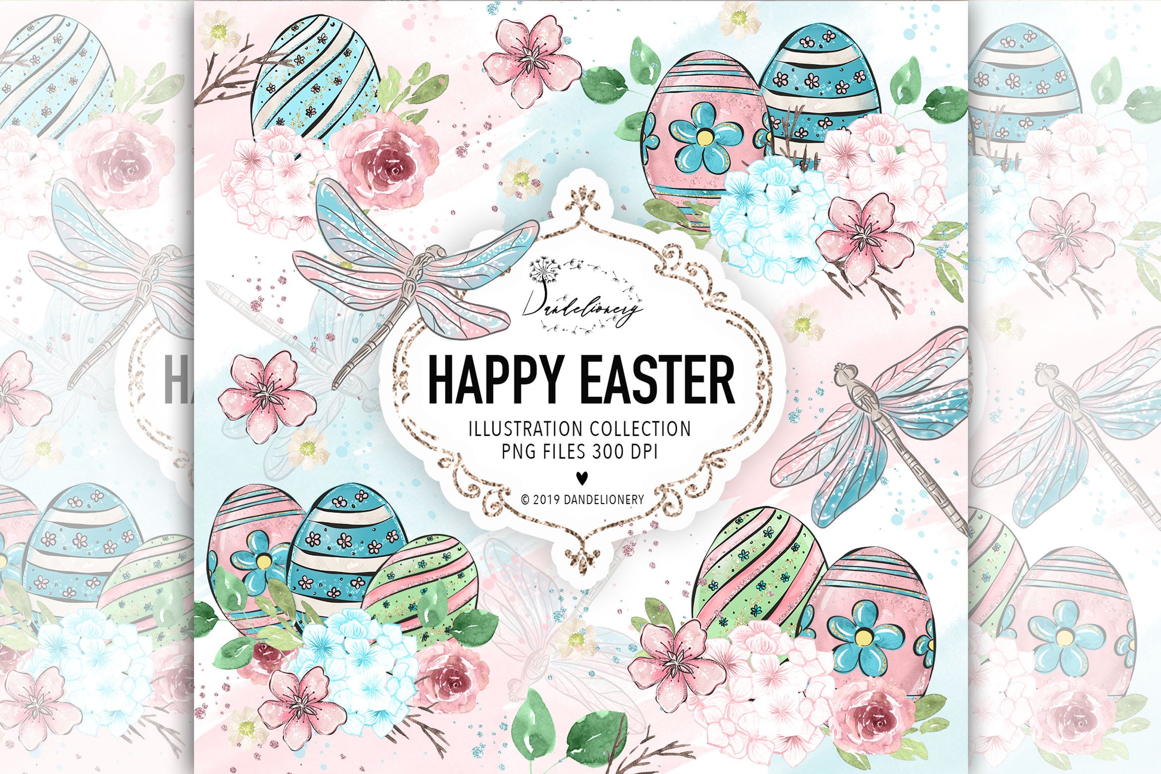 复活节蜻蜓水彩手绘剪贴画PNG素材 Happy Easter dragonfly design插图