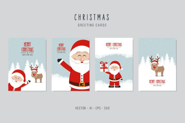 圣诞老人&amp;驯鹿矢量圣诞节贺卡设计模板 Christmas Santa Claus and Reindeer Vector Card Set