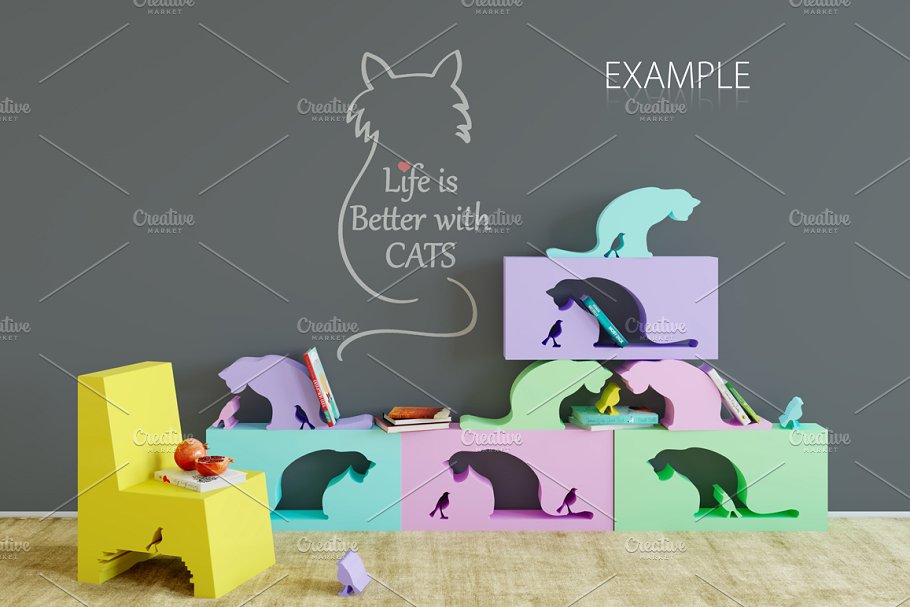 儿童主题室内墙纸设计展示和相框画框样机 Kids Interior Wall & Frames Mockup 1插图(18)