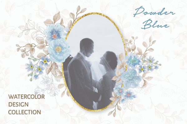 粉蓝色水彩手绘花卉剪贴画PNG素材库精选设计素材 Powder Blue Watercolor Design Collection