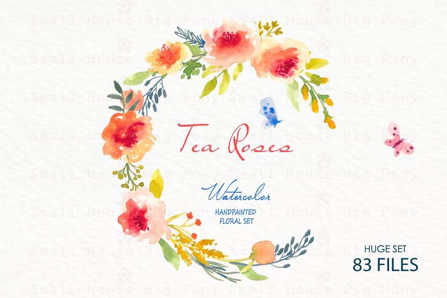 水彩手绘玫瑰花剪贴画合集 Tea Roses-Watercolor Clip Art插图(1)