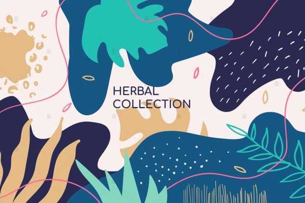 抽象草药植物手绘图案矢量背景素材 Abstract herbal collection colorful banner