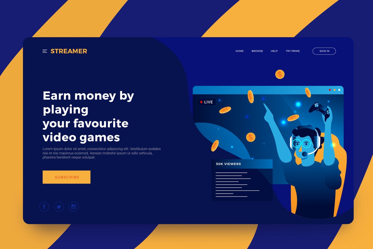 视频游戏流概念插画网站着陆页模板 Video Game Streaming Illustration插图