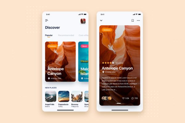 旅游社交APP应用首页&amp;景点分享界面设计素材库精选模板 Travel Mobile App UI Kit Template